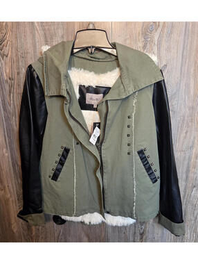 Miss Me Denim MDJ058L Hooded Jacket Women Sz Small Studded Faux Fur Leather NEW